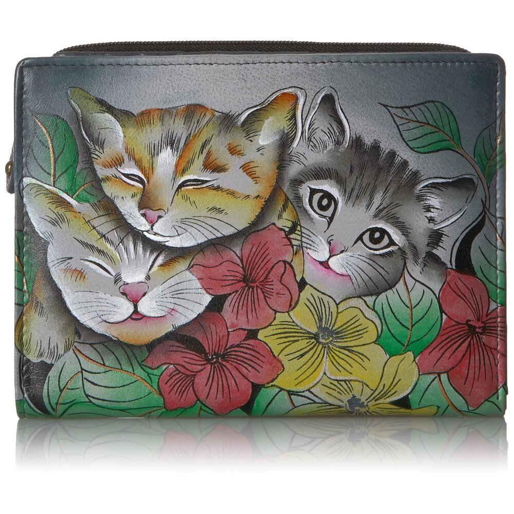 6108 Hand-Painted Leather Two Fold Clutch Wallet - Three Kittens
